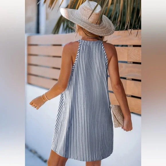 NWT XL Cupshe Navy and White Sleeveless Striped Dress - Picture 2 of 6